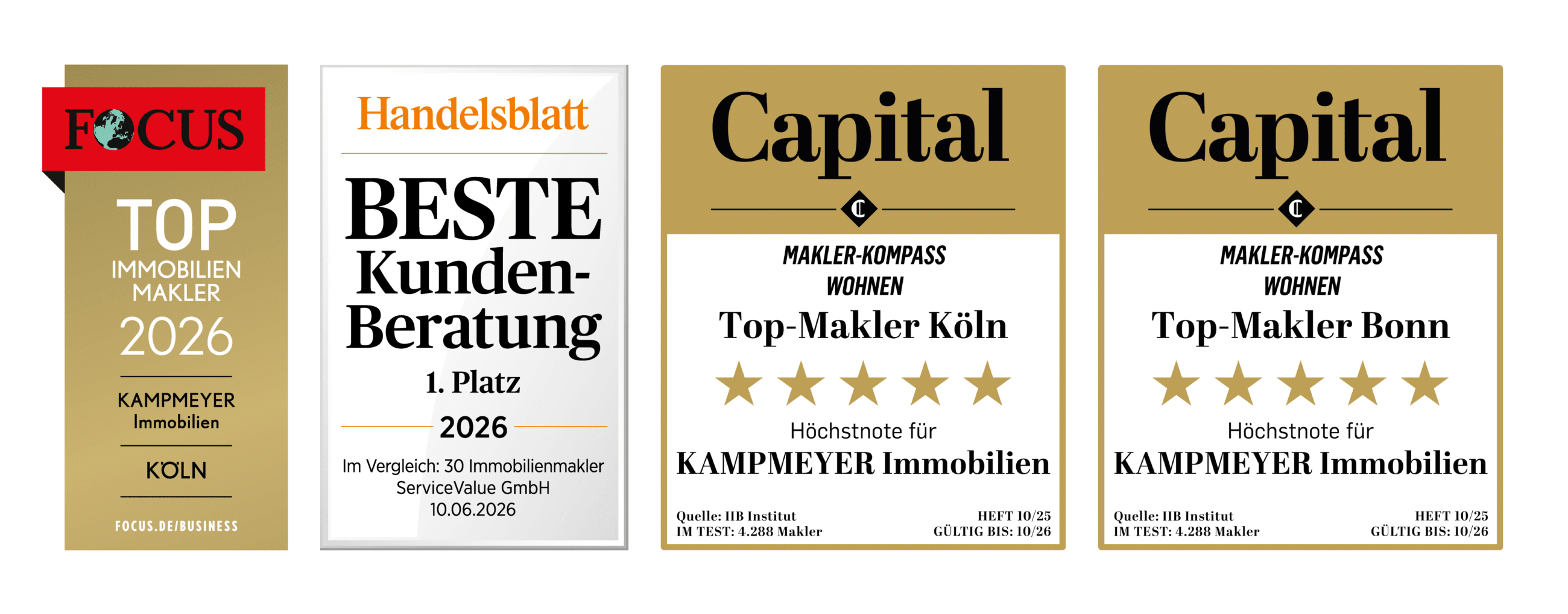 Vier Auszeichnungen für KAMPMEYER Immobilien: „Top-Immobilienmakler 2026“, „Beste Kundenberatung 2026“, „Top-Makler Köln“ und „Top-Makler Bonn“ – jede davon unterstreicht die herausragende Leistung im Immobilienbereich in Köln und wird mit Sternen und Quellenangaben gewürdigt.