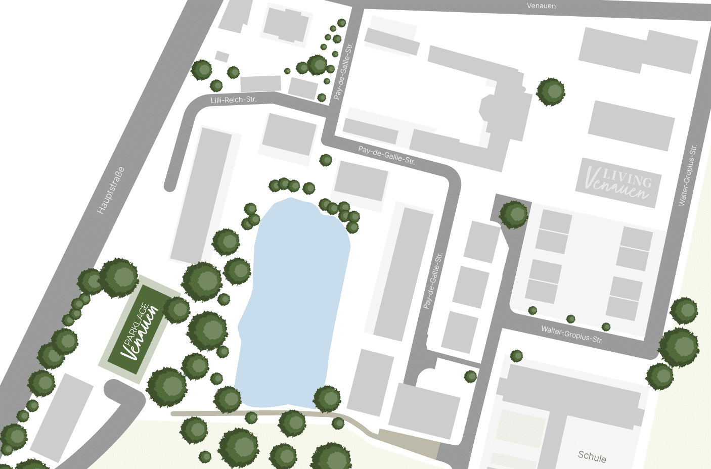 Eine vereinfachte Karte mit Gebäuden, Straßen, Bäumen und einem Teich. Bemerkenswerte Beschriftungen sind LIVING Venauen oben rechts, VERSAMMLUNG Venauen in der Nähe des Teiches sowie mehrere benannte Straßen und eine Schule.
